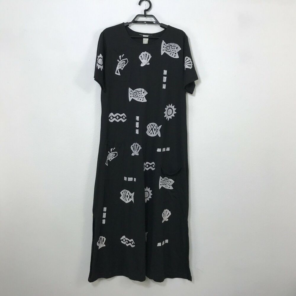 Vintage 80s Midi Dress Size M Black Painted Fish Shells Beachy Short Sleeve